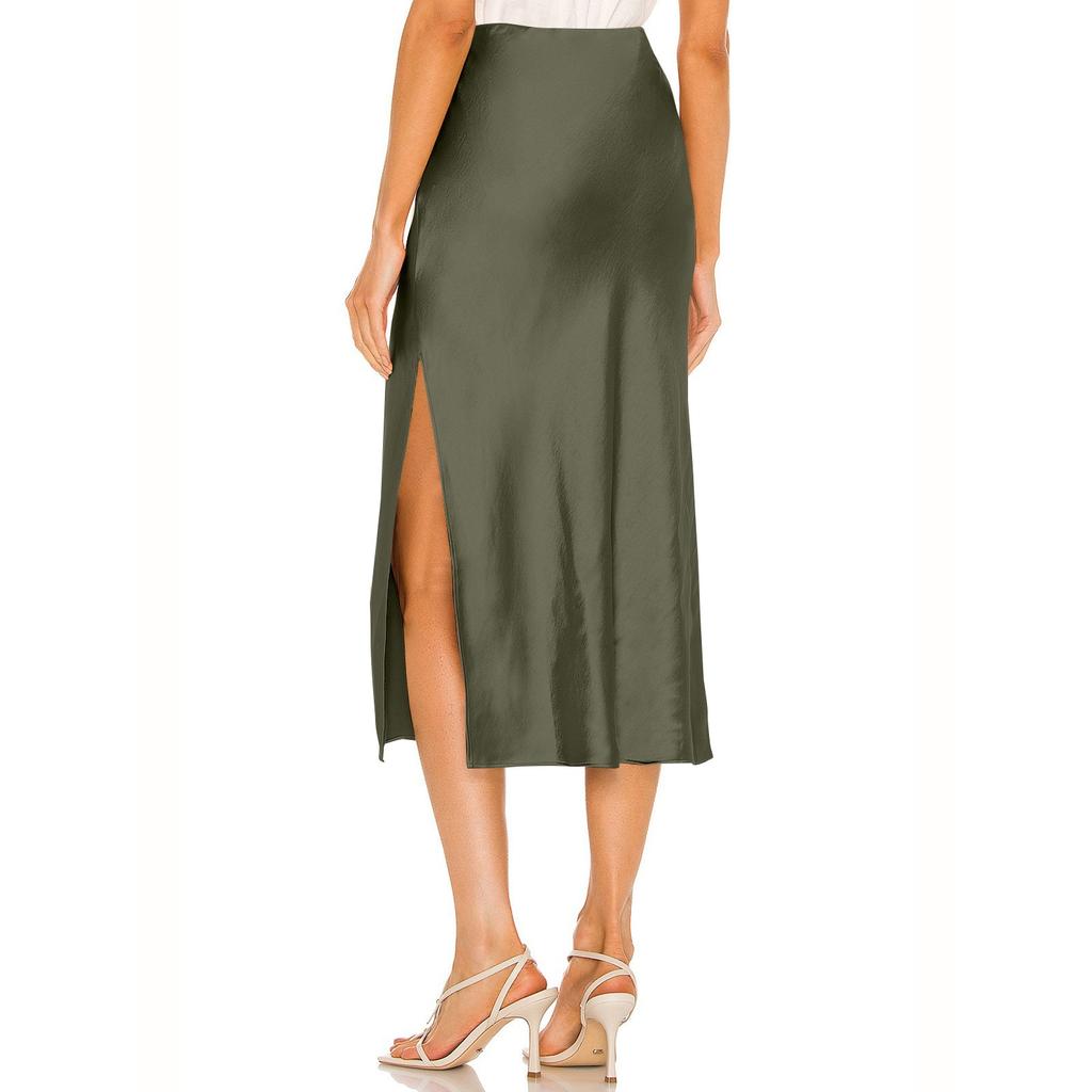 Women's High-Quality Satin Half Skirt With Elastic High Waist Solid Color Split Mid Length Skirt