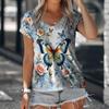 Summer Short Sleeved V-neck T-shirt Butterfly 3D Printed Loose Casual Top T-Shirts Women’s