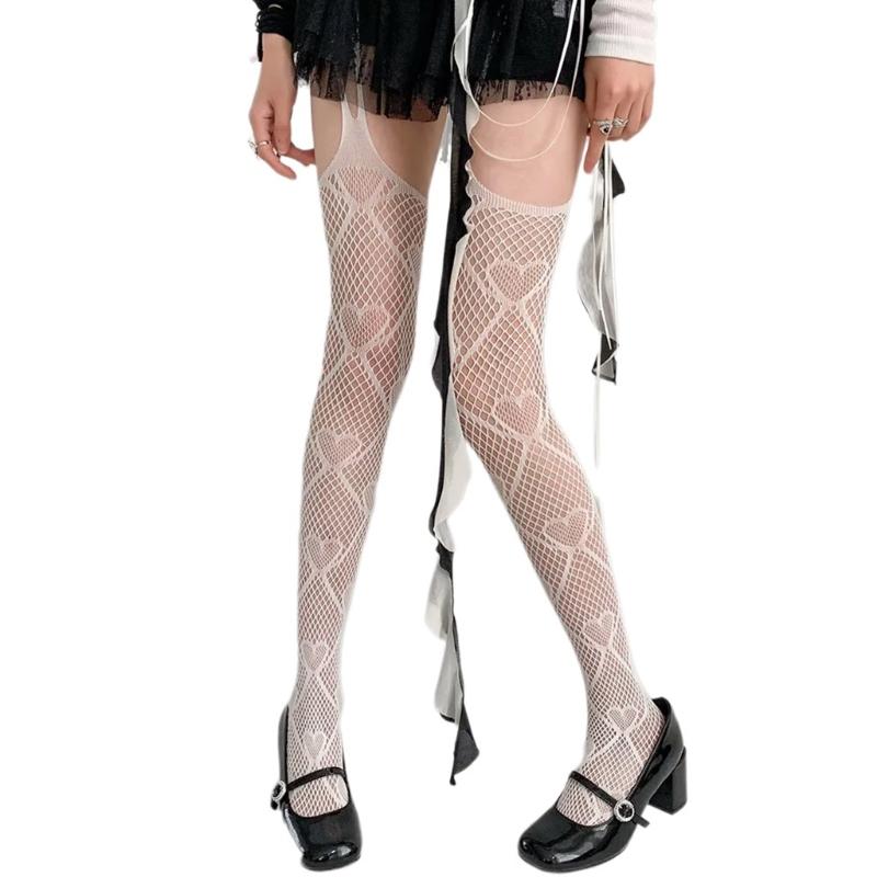 Women JK Gothic Sexy Fishnet Garters Thigh Highs Stockings Tights Hollow Out Heart Patterned Sheer Suspender Pantyhose