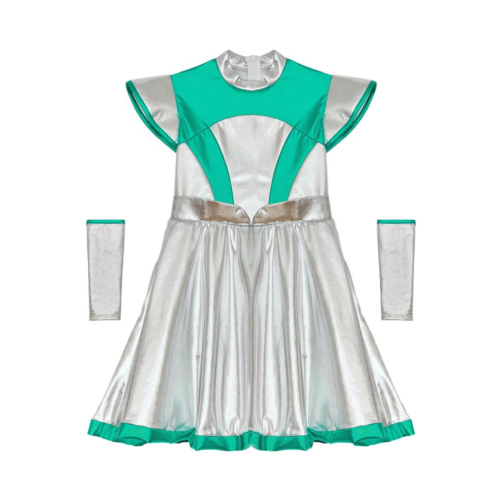 Девочки Хэллоуин Костюм Косплей Инопланетянки Костюм Милашки из Космоса Платье с Рукавами-колпачками из Мерцающей ПУ Лоскутной Ткани Рукав