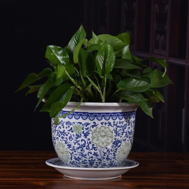 Zhu Chuang Jing Pin Blue & White Ceramic Flower Pot with Tray