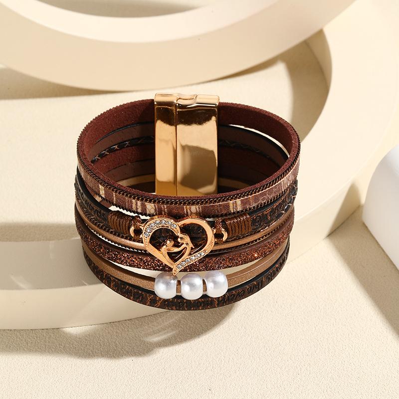 Boho Multi Layer Leather Bracelet for Women Jewelry Cupid Heart Magnet Buckle Holiday Gift