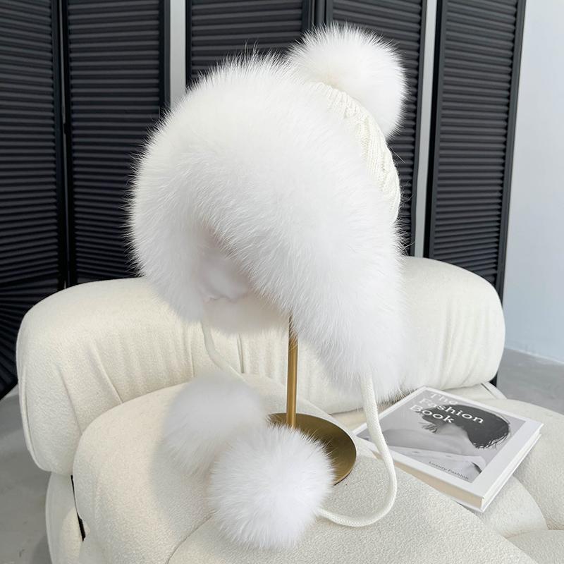 Winter Women Real Fox Fur Hat Fashion Casual Outdoor Warm Knitted Hats Girl Lovely 100% Natural Fox Fur Ear Cap Bomber Caps
