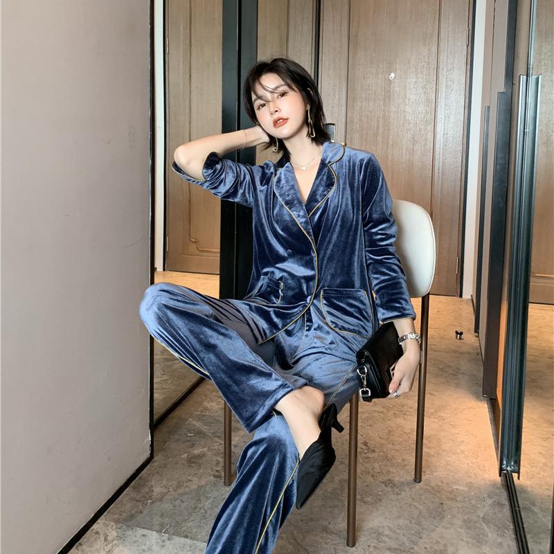 Золотая бархатная пижама, женская винтажная элегантная корейская шикарная одежда для сна с отложным воротником, базовая повседневная зимняя теплая домашняя одежда, тренд
