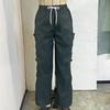 Women's Straight Work Pants Pockets Solid Color Cross Tie Elastic High Waist Casual Pant
