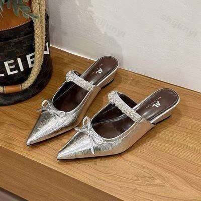Женские туфли-шлепанцы на высоком каблуке Модные Нескользящие Серебристые С бантом Мэри Джейн Женские С острым носком Ретро Гладиаторские На мягкой подошве 2025 Шлепанцы