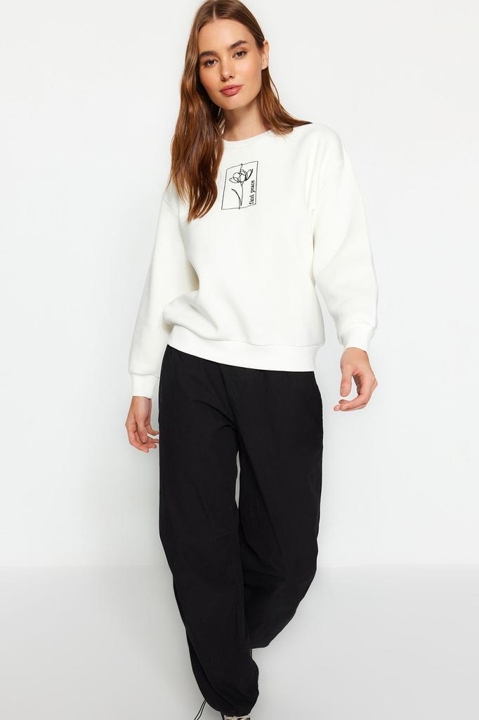 Женская модная стильная толстовка цвета экрю с цветочной вышивкой, обычная толстая внутренняя флисовая вязаная толстовка с круглым вырезом