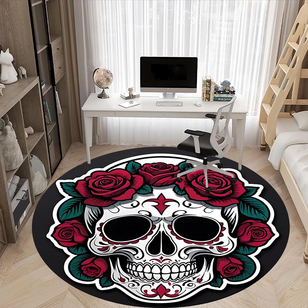 1PC Sugar Skull Office Round Rug, Non slip, Soft and Durable Office Rug for Interior Decoration, Perfect for Office
