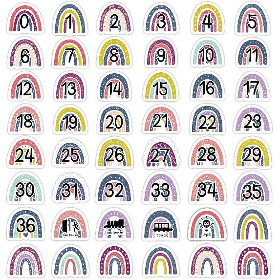 48PCS Boho Rainbow Numbers Stickers Classroom Decorations Colorful Mini Dots Number Spot Markers Stickers Boho Classroom Labels Accents Cutouts for