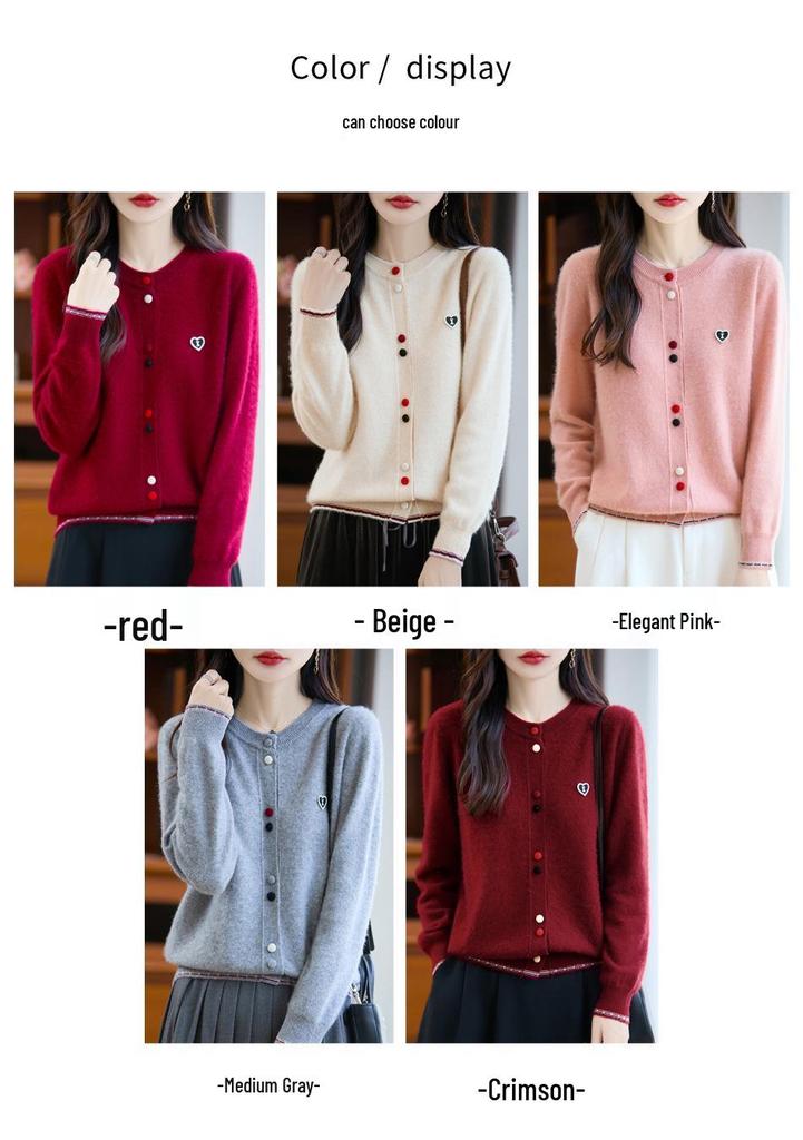Women's Loose Round Neck Wool Cardigan with Colorful Buttons