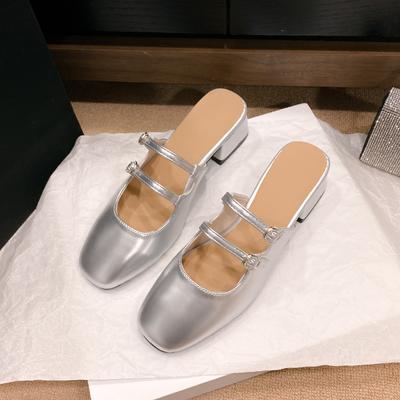 Мода 2024 Лето Новые Внешние Носить Женские Тапочки Кожаные Пряжки Мелкий Носок Универсальные Удобные Туфли На Высоком Каблуке Для Женщин