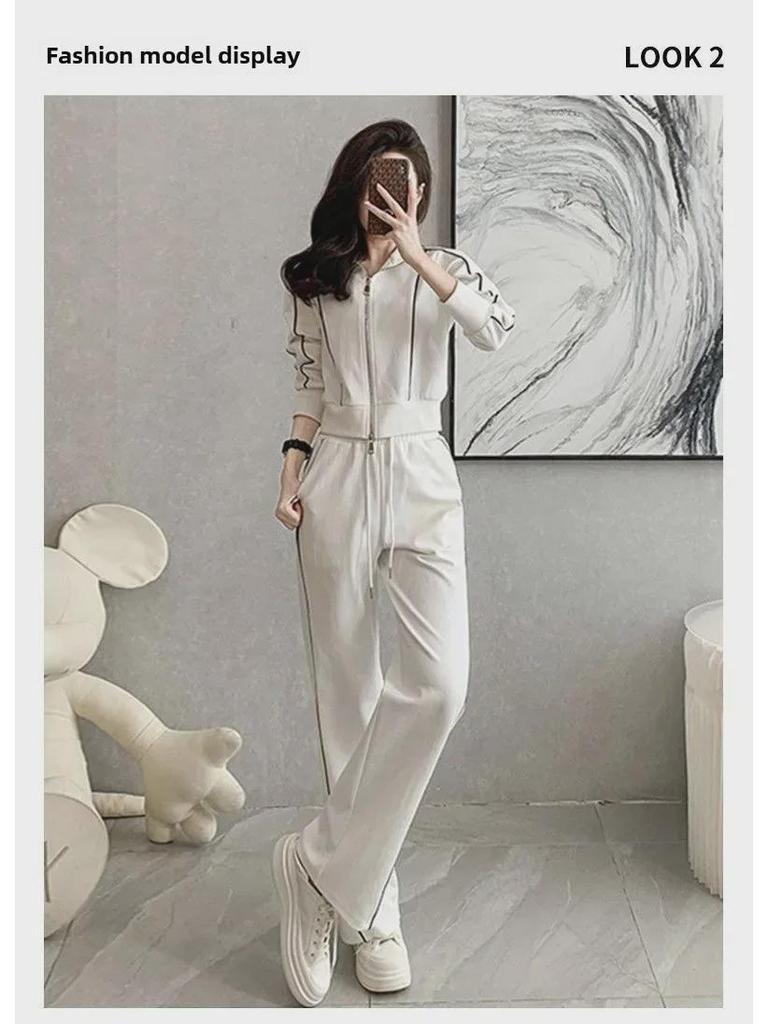 Американский стиль, модный женский приталенный пиджак на молнии и широкие брюки, костюм из двух предметов для осени и зимы