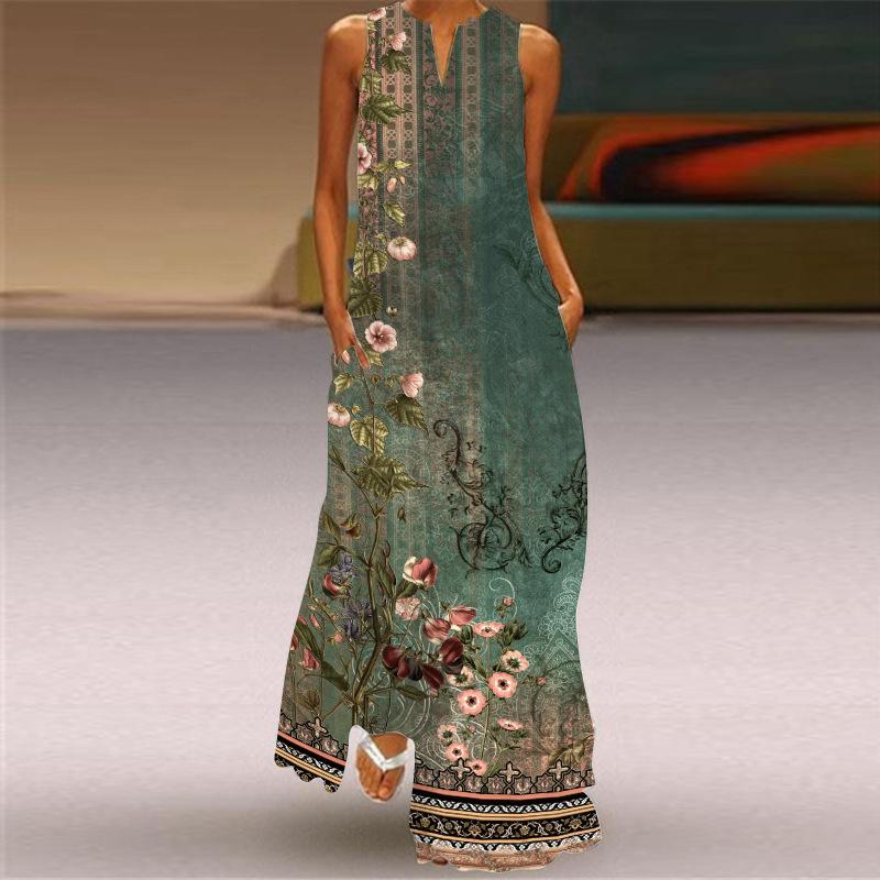 QICED Summer Women's Sleeveless Long V-Neck Printed Jade Flower Dresses