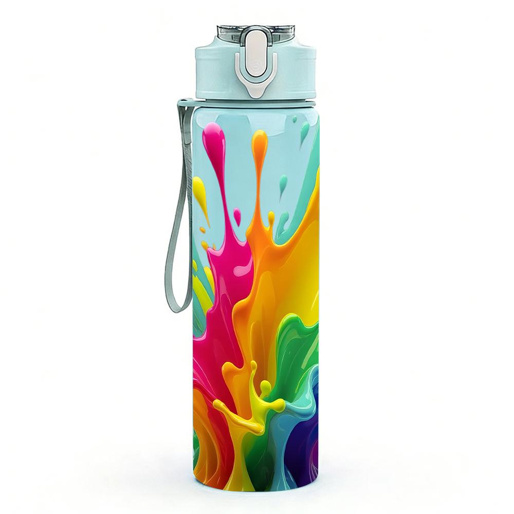 1PC Multicolor Rainbow Ink Splash 750ml Color Plastic Water Bottle Leakproof Flip Straw Lid For Sports Office Home Use