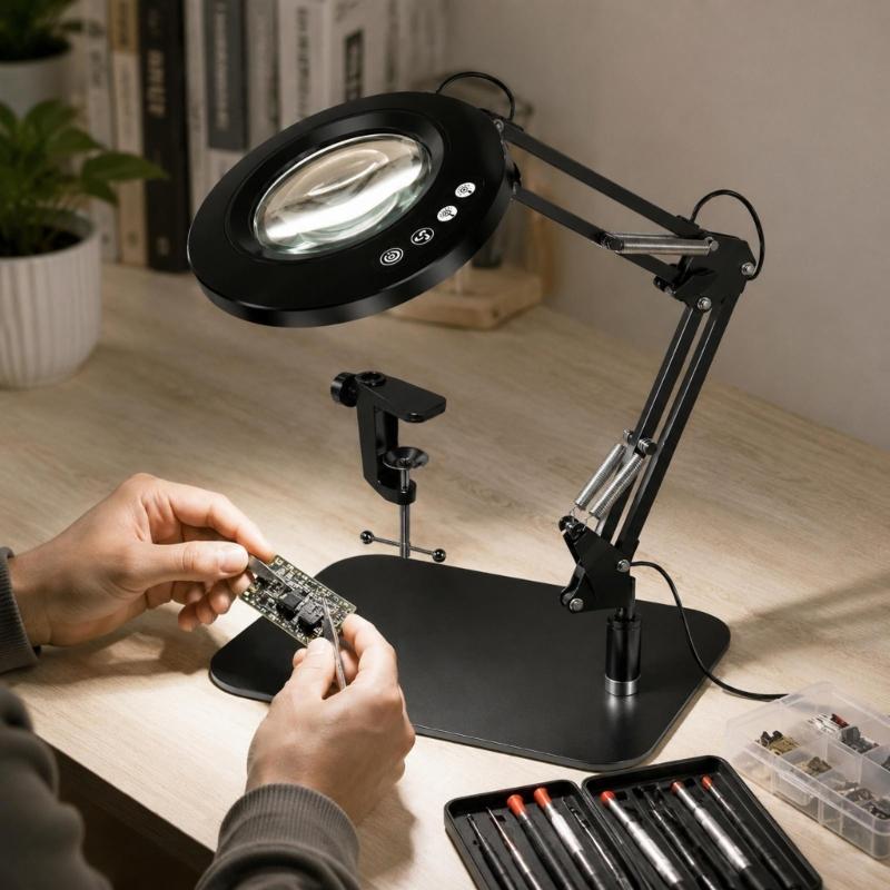 LED Desk Lens Lamp with Adjustable Arm and 110 mm Viewing Area, USB Input Reading Aid for Small Print, Crafts and Careful Table Work