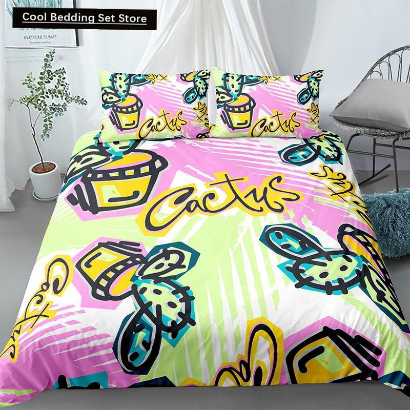Пододеяльник Cactus King Queen Набор постельного белья с суккулентами для детей, подростков, взрослых Зеленый Ботанический с цветами 2/3 предмета Полиэстеровый пододеяльник
