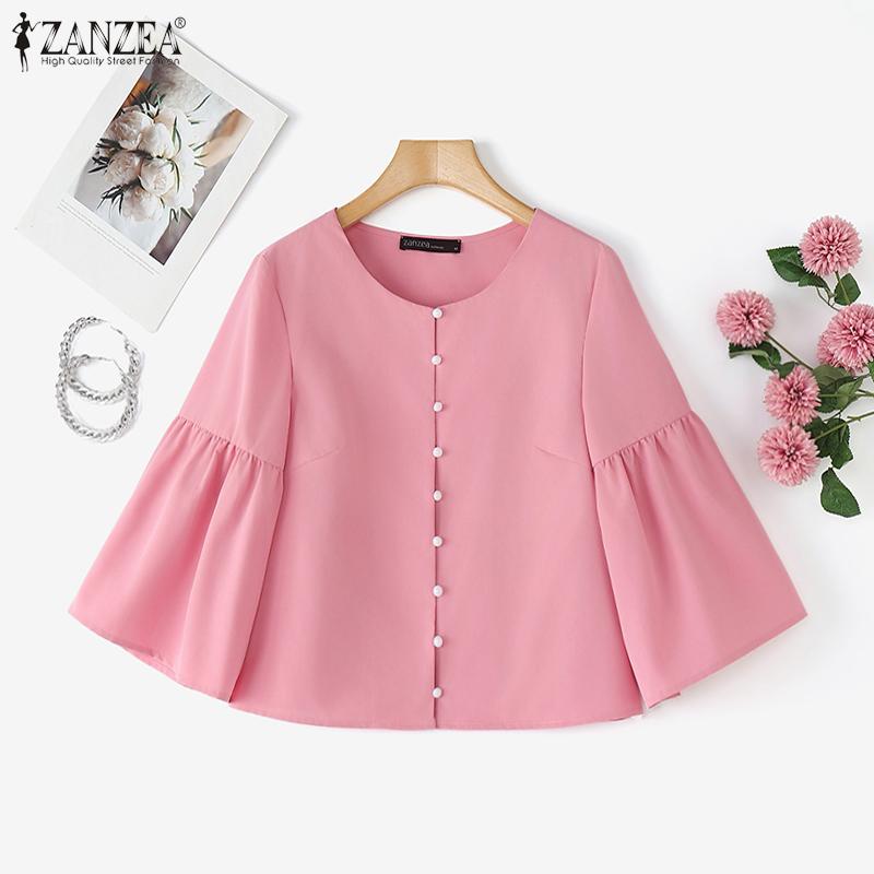 ZANZEA Женская повседневная однотонная блузка с круглым вырезом и рукавом 3/4