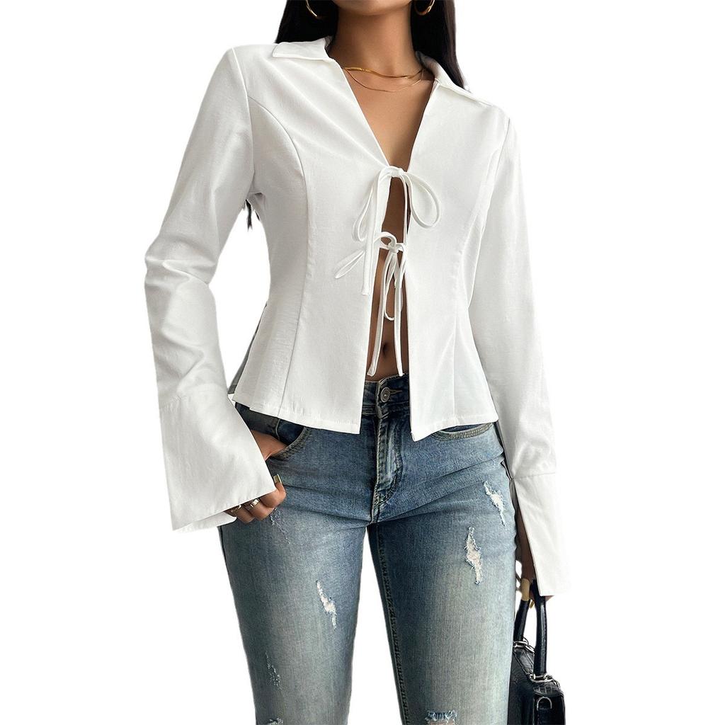 Осенне-зимний женский темпераментный повседневный однотонный кардиган с расклешенными рукавами и галстуком