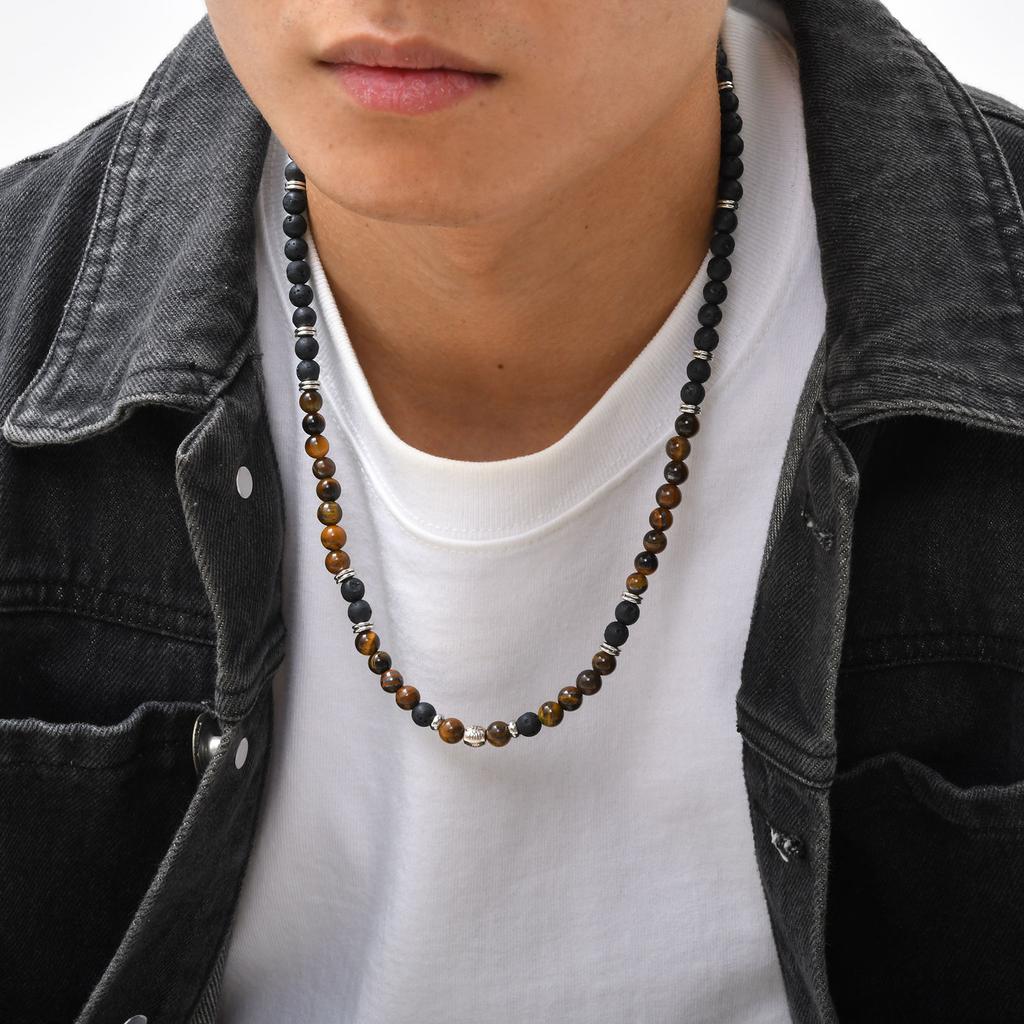 Tiger Eye Stone Beads Necklace for Men Boys,Casual Black Brown Beaded Collar,Summer Beach Jewelry Gifts