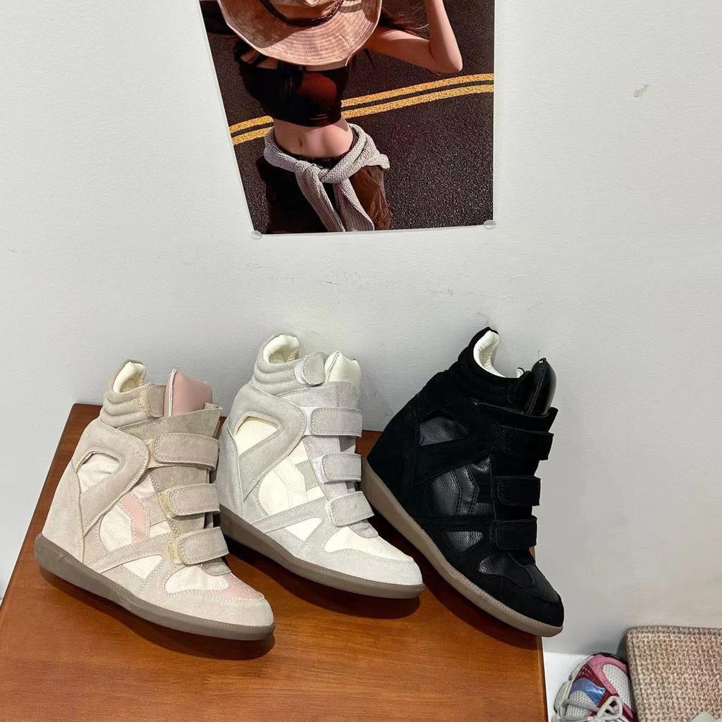 Осень и Зима Натуральная Кожа Толстая Подошва Внутреннее Увеличение Высоты Обувь Повседневная На липучке Высокие Женские Универсальные Увеличивающие Рост