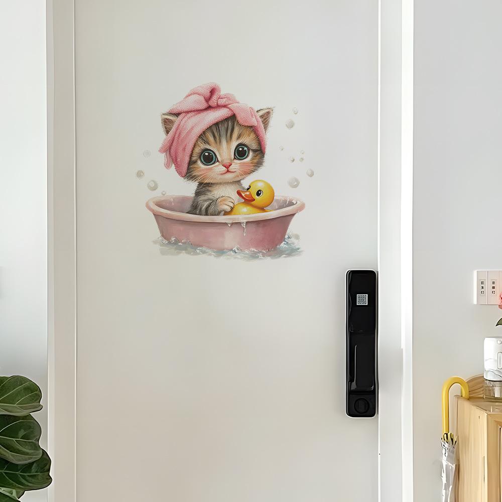 Мультяшный котенок, время купания, наклейка на стену для ванной комнаты, душевой кабины, водостойкая, съемная, декор для дома