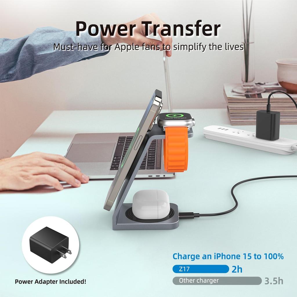 Magnetic Wireless Charging Stand, 3 in 1 Wireless Charging Station 15W Wireless Charger Compatible with iPhone 15/14/13/12 Series, Apple Watch,