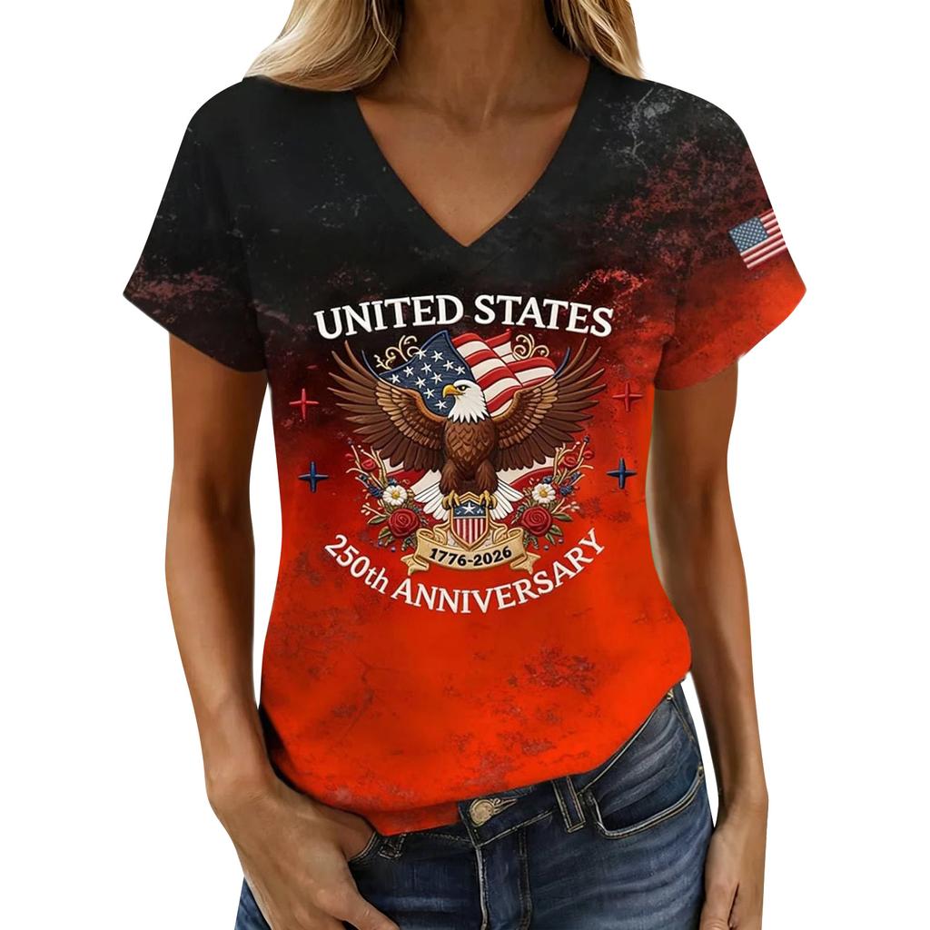 Women Casual V Neck Short Sleeve Pullover T Shirt Independence Day Graphic Top Lightweight Comfortable Fit