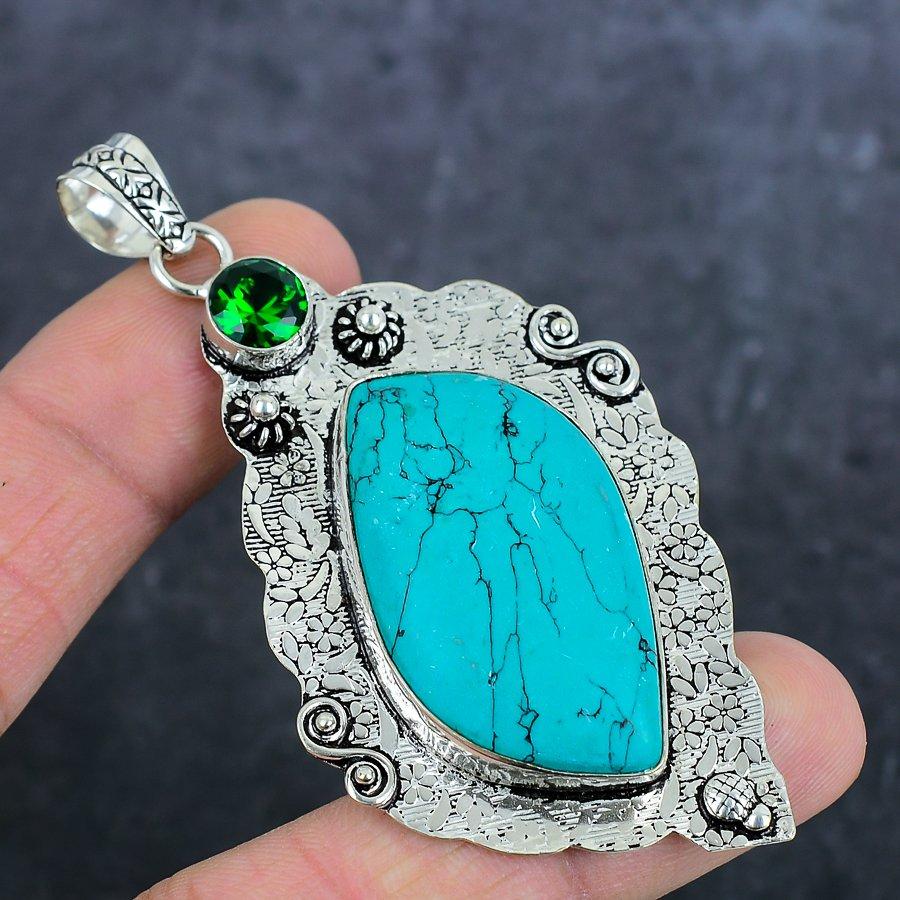 Подвеска из натурального серебра 925 пробы с бирюзой Санта-Роза и диопсидом 3,19 дюйма J1P57
