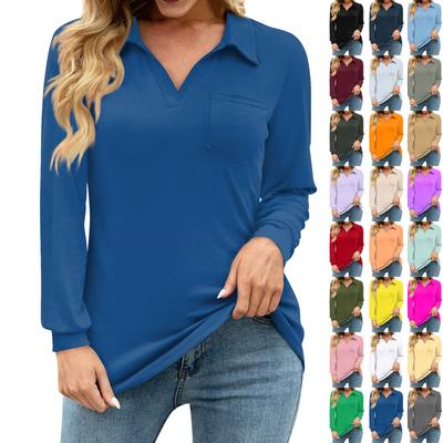 Женские свободные повседневные однотонные рубашки с V-образным вырезом, длинным рукавом и карманом на талии