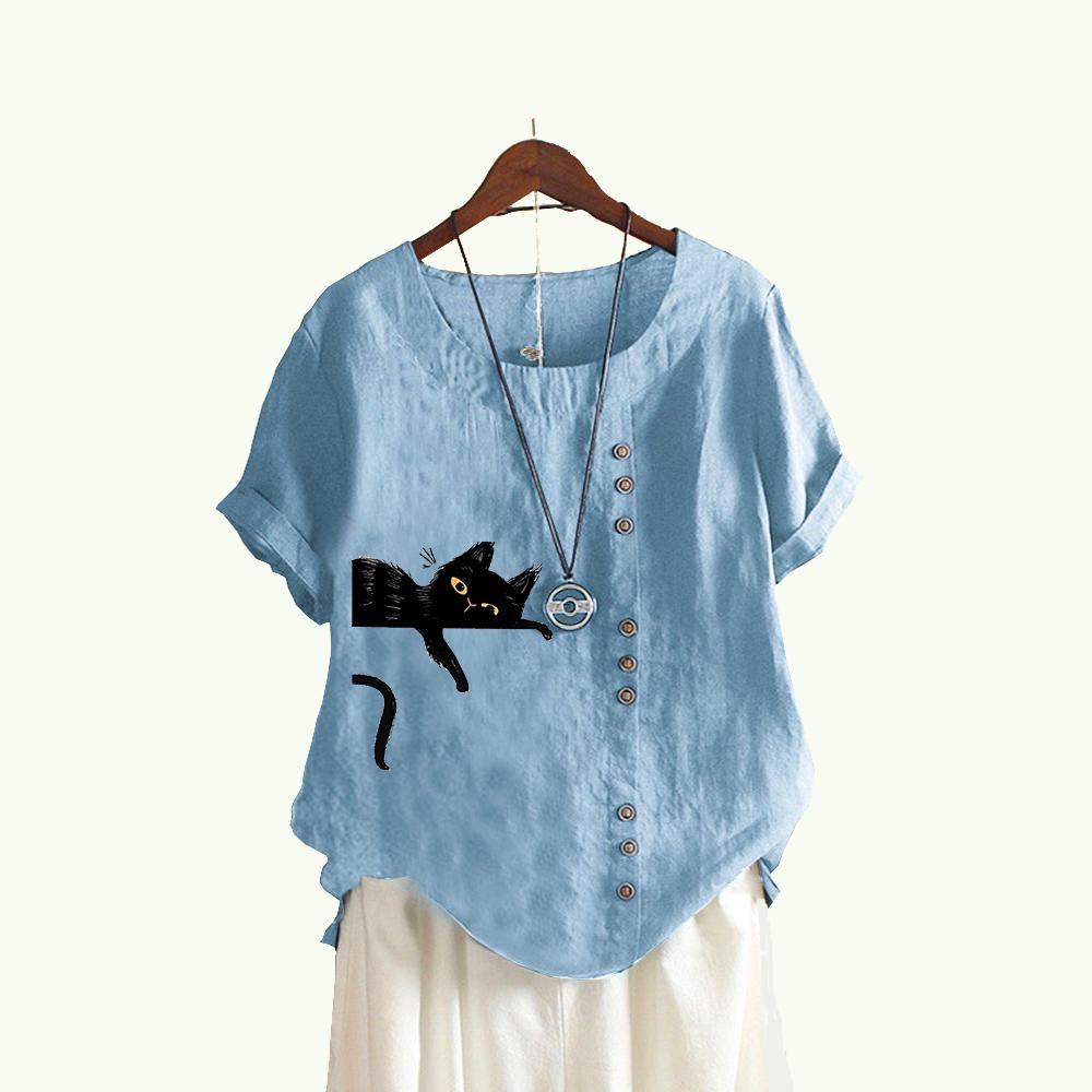Женские модные блузки с короткими рукавами, летний повседневный пуловер, свободный топ с круглым воротником, хлопково-льняная футболка с принтом кота
