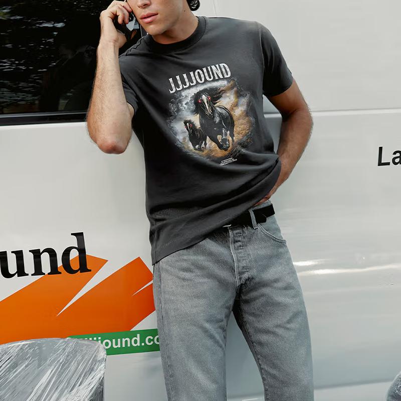Коллаборация Levis X JJJJound FW24 Дизайн с принтом логотипа «Две лошади» Футболка унисекс с коротким рукавом и круглым вырезом Черный 0002F0000