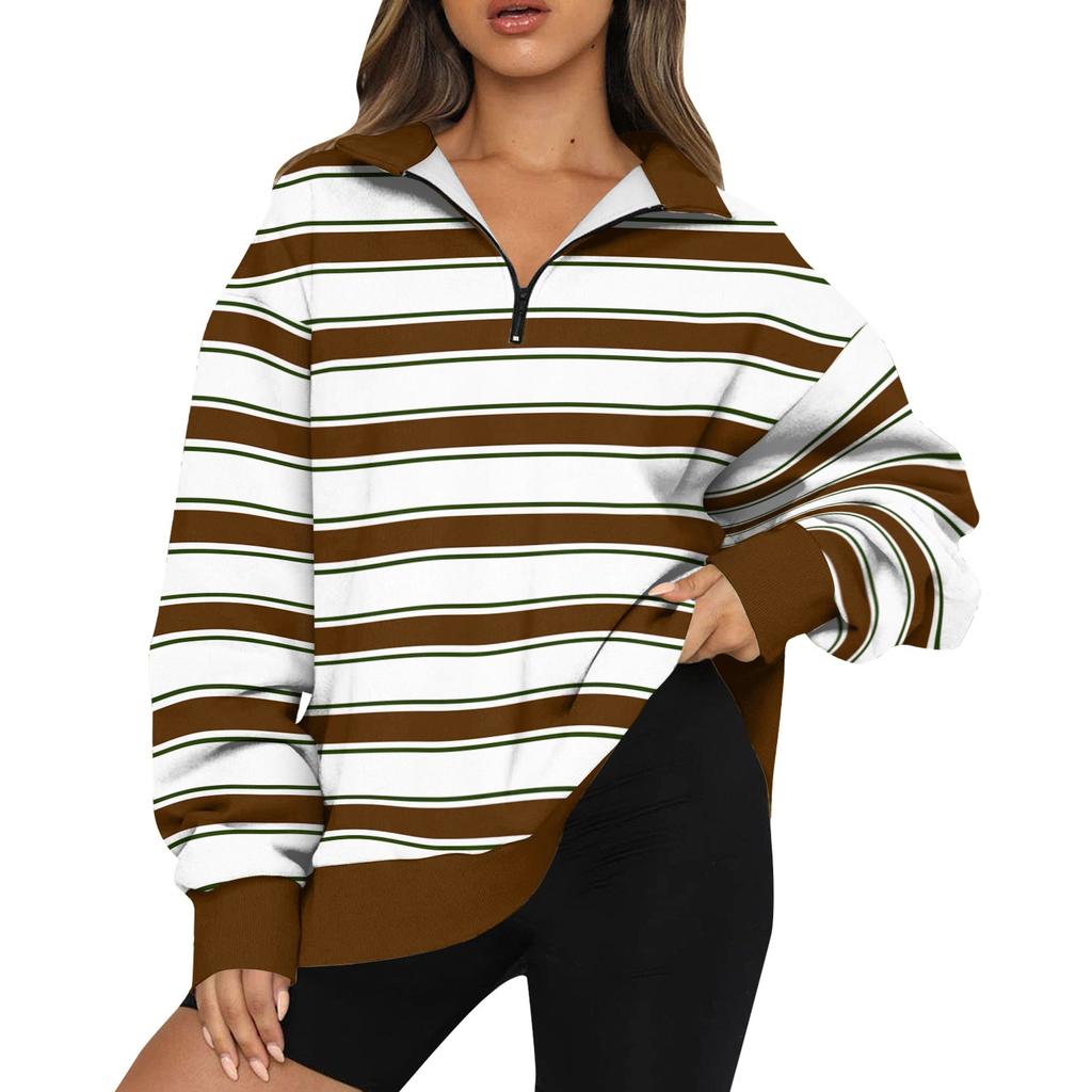 Women's Sweatshirt Fashionable Long Sleeved Striped Printed Half Zip Sweatshirt Top