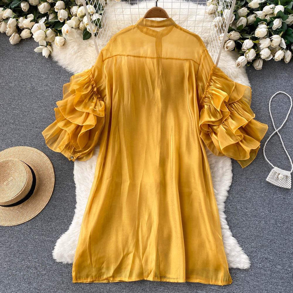 RUGOD Весеннее однобортное платье в европейском и американском стиле с французскими рюшами и трехмерными цветочными рукавами