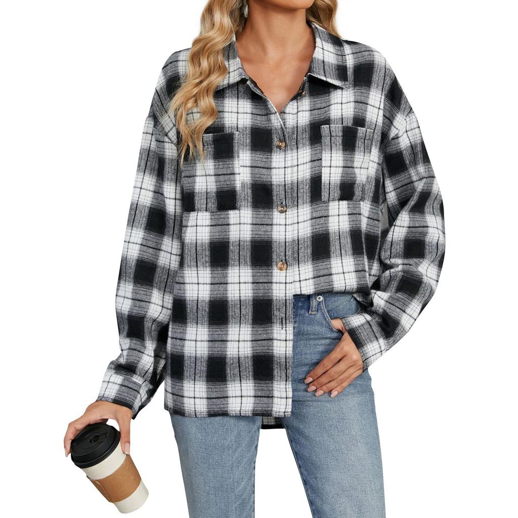 Женская модная широкая клетчатая куртка-рубашка с длинными рукавами и карманами на пуговицах