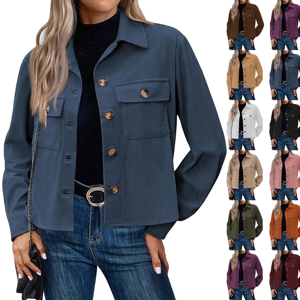 Women's Solid Color Casual Short Corduroy Button Jacket