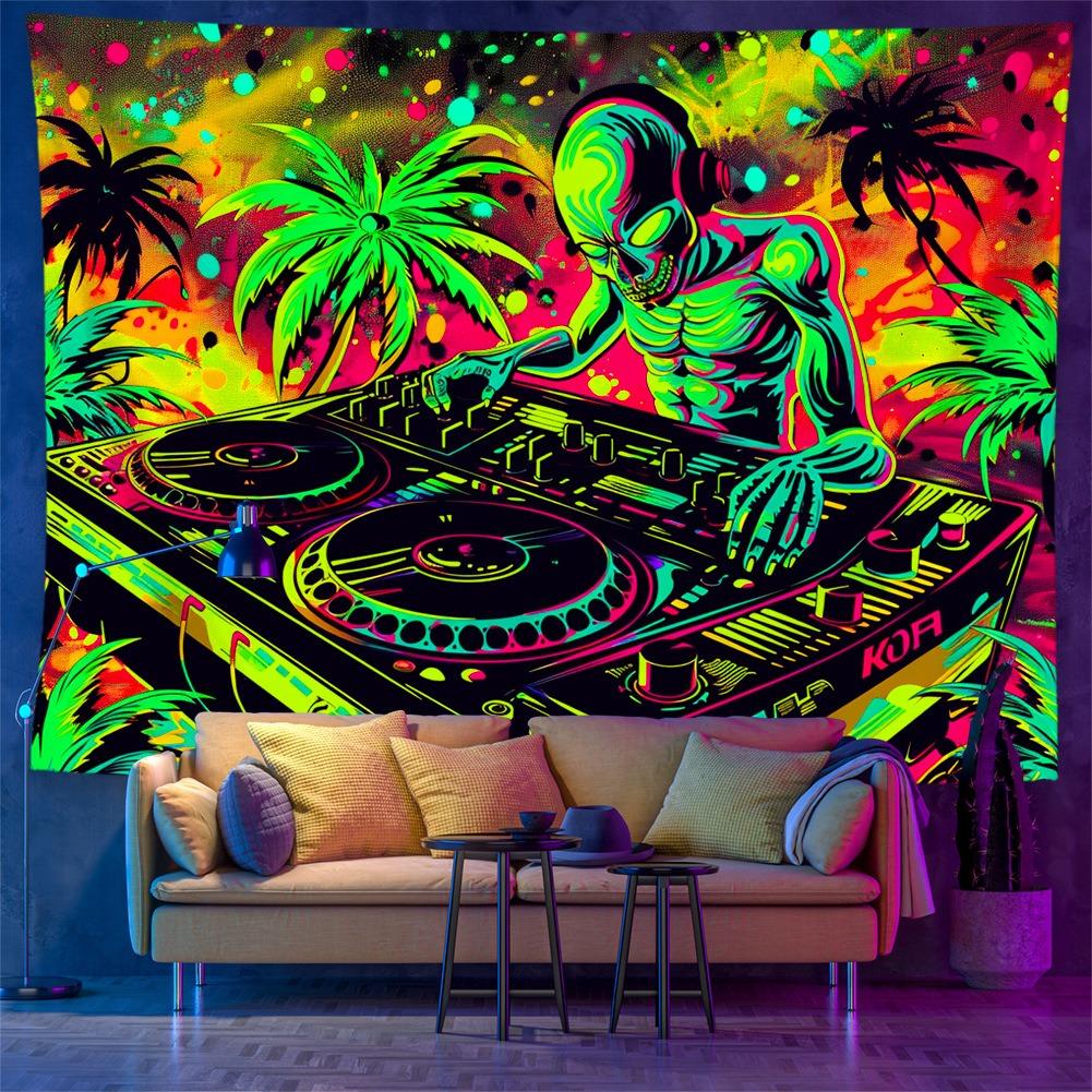 Психоделический инопланетный DJ Черно-белый Гобелен УФ-реактивный Психоделический Неоновый Настенный Декор 2D Плоская Печать Персиковая Кожа Декор Спальни 150x130