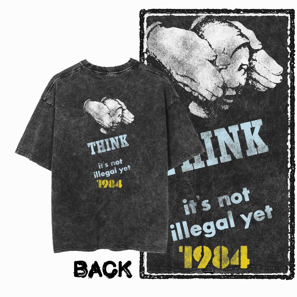 G02 Хлопковая футболка большого размера с графикой на спине 1984 | Уличная одежда с кислотной стиркой, крутая винтажная футболка с круглым вырезом для мужчин