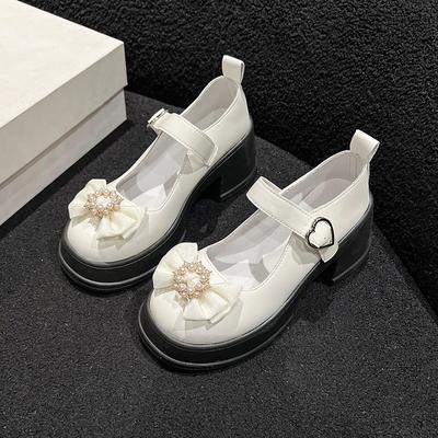 Модные женские туфли на высоком каблуке Ma Lizhen Shoes Весенние новые туфли с бантом и жемчугом Small Leather Shoes Мокасины на платформе Bottom
