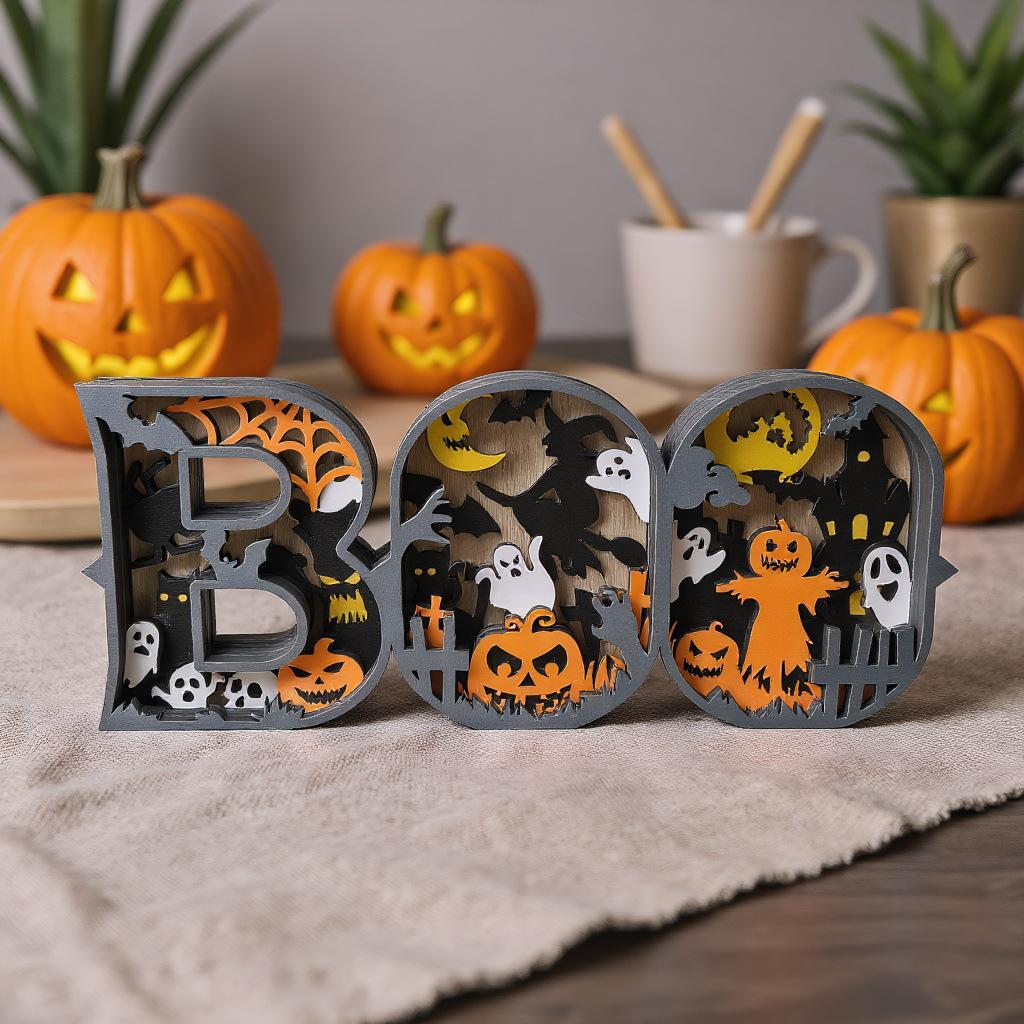 3D многослойная деревянная буква BOO, Хэллоуин, знак-украшение