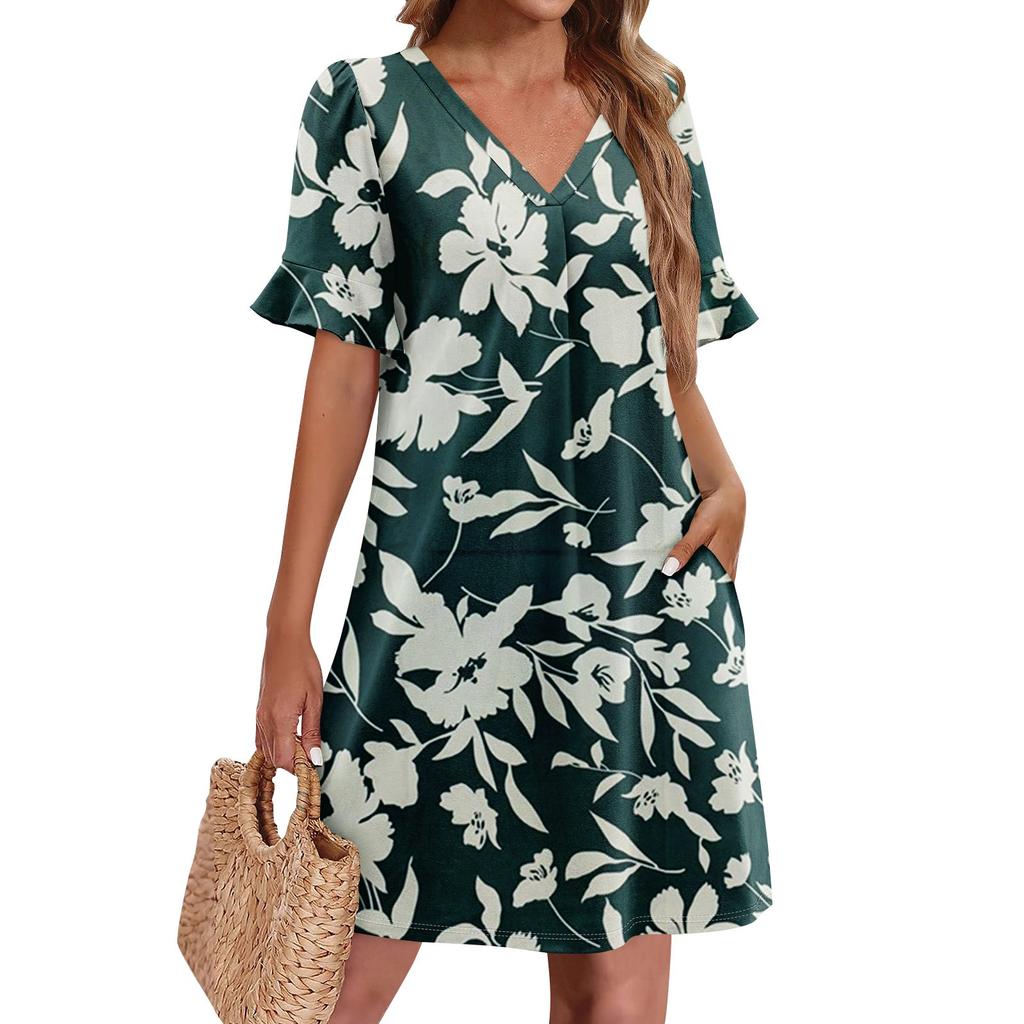 Летние платья для женщин с V-образным вырезом, оборками и коротким рукавом, повседневное свободное платье с принтом, пляжное платье с карманами