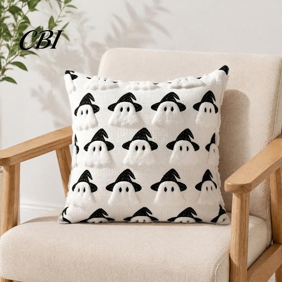 Spooky Halloween Party Supplies Wizard Ghost Cushion Cover, Cute Plush Throw Pillow Black And White Case for Sofa Couch Living Room Decor Theme