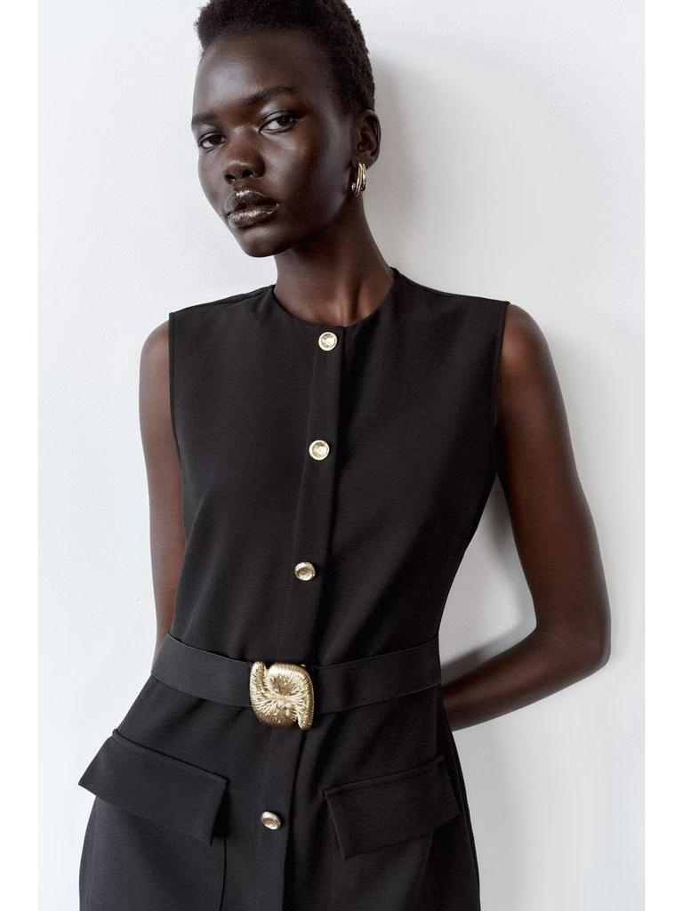 Весеннее миди-платье из крепа без рукавов с поясом 2025: Европейско-американский стиль