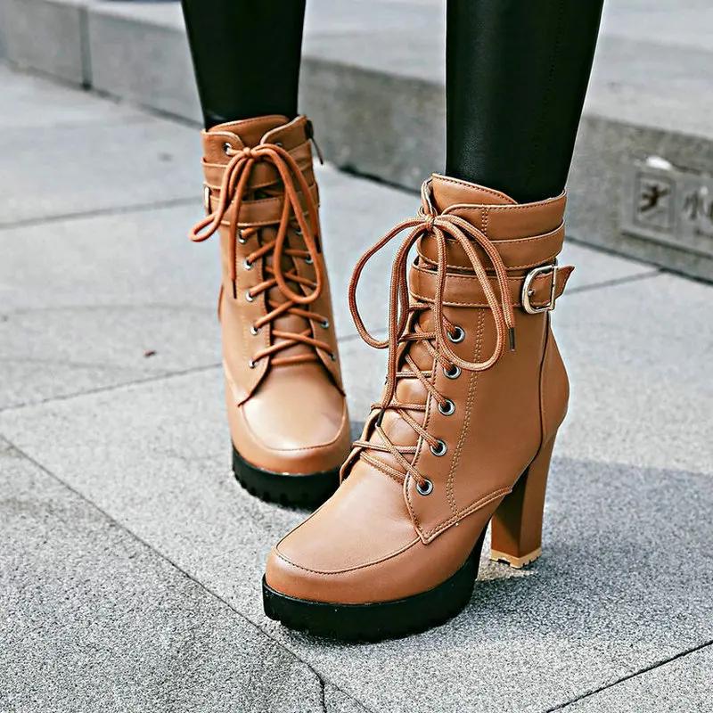 Shoes Women Motorcycle Boots Autumn Winter Ladies Boot  Stylish Lady Ankle Boots High Heel Platforms Sexy Botas Buckle White