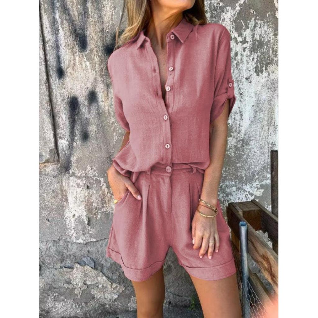 Льняной костюм-двойка, Свободная рубашка, Шорты с высокой посадкой, Хлопково-льняные шорты с коротким рукавом, Повседневный, Женский, Костюм