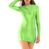 Womens Glossy Long Sleeve Bodycon Dress Nightwear Solid Color Smooth Stretchy Mock Neck Tight Dresses