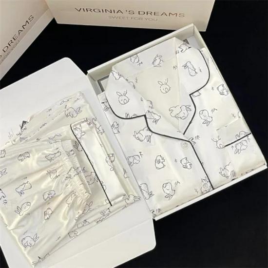 Женский пижамный комплект из ледяного шелка на весну/осень 2025 года - С длинным рукавом, Тонкий, Высококачественный, Милый, Домашняя одежда из двух частей