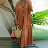 Women Summer Cotton Linen Maxi Dress Loose Short Sleeve V-Neck Flowy Dress Casual Tiered Beach Swing Dress