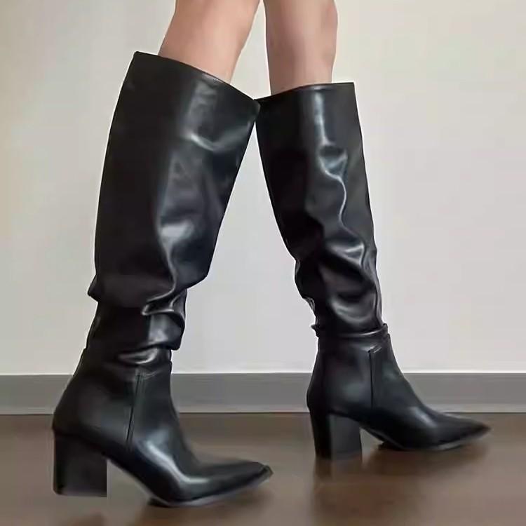 Fashion Winter Vintage Women Knee High Boot Concise Slip On Thick Heel Shoes Square Toe Knight Long Booties 2025 New