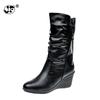 New Winter Boots Women Shoes Woman Wedges High Heels Mid Calf Boots Pleated Solid Black Women Boots Botas Zapatos Mujer YUJ989