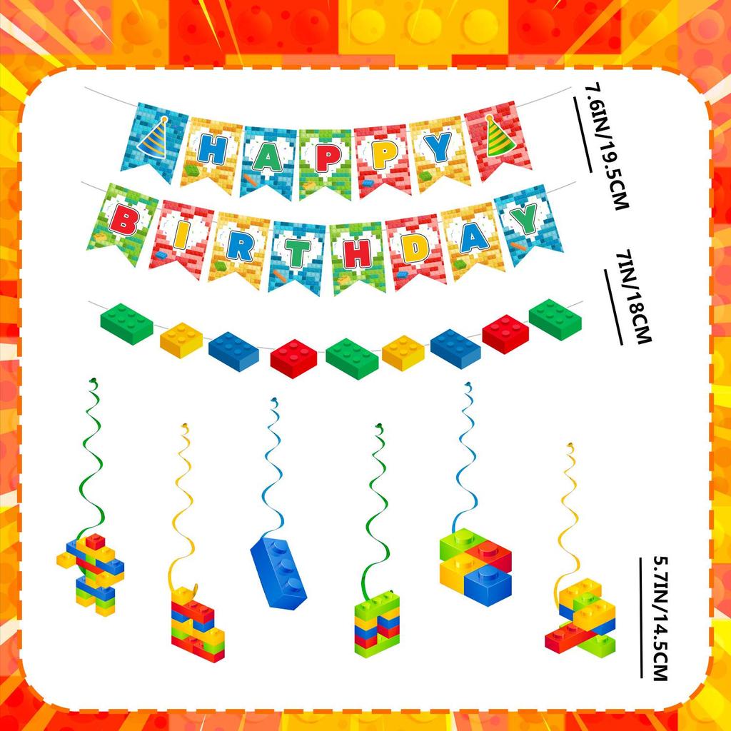 Building Block Party Decorations Banner Swirls, 7PCS Building Blocks Hanging Swirls Decoration Building Blocks Birthday Banner